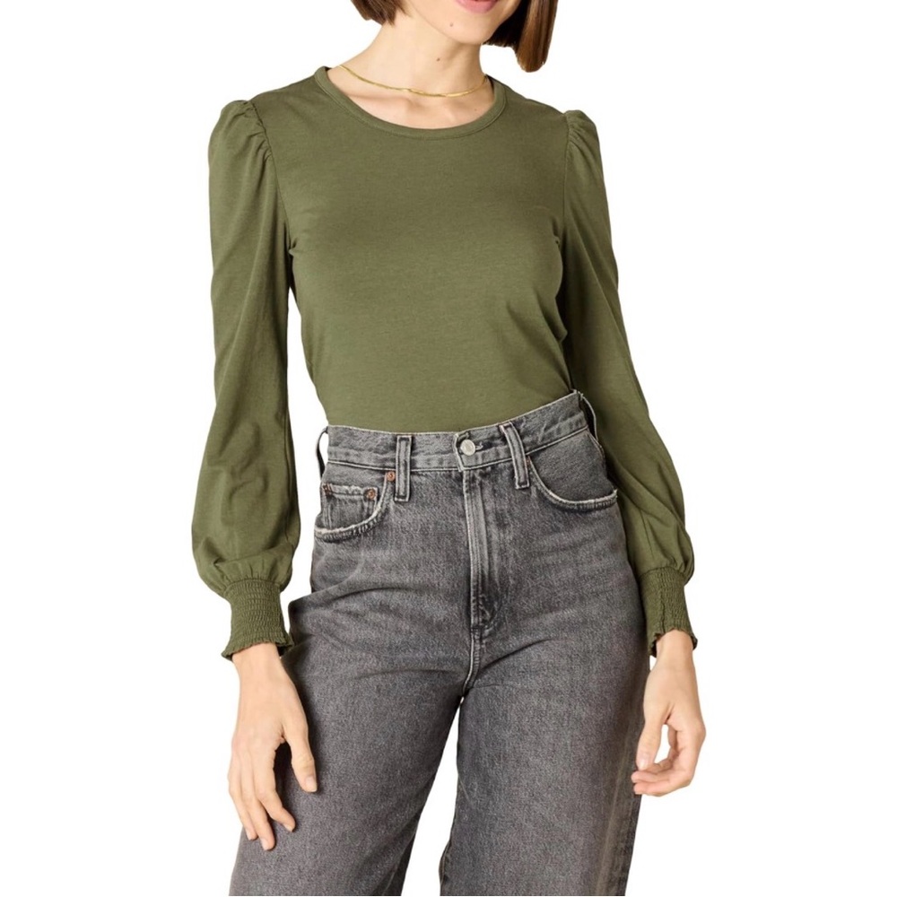 Women’s Long Sleeve Crewneck Smocked Cuff Amazon Essentials Olive Top
